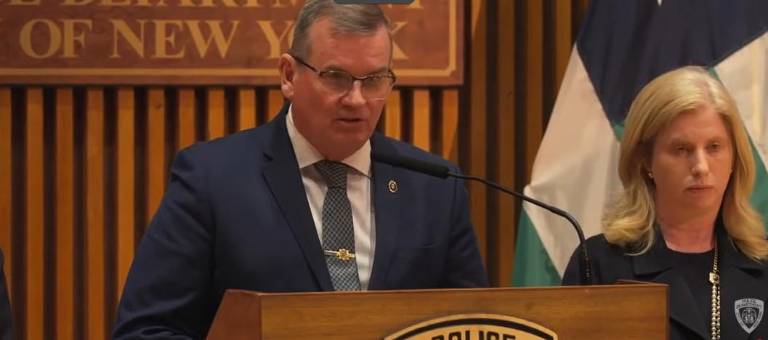 Chief of Detectives Joseph Kenny (left) at a press conference with NYPD Commissioner Jessica Tisch on Sept. 9 in which they outlined the grisly double homicide allegedly committed by suspect Jamel McGriff.