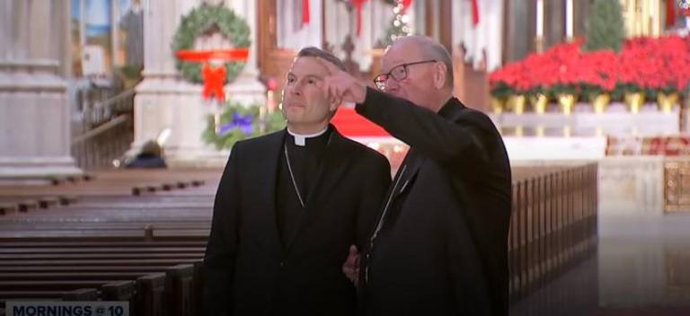 Cardinal Timothy Dolan (right) and Bishop Ronald Hicks prior to the start of a press conference inside St. Patrick’s Cathedral on Dec. 18 following the announcement that Pope Leo XIV had appointed Hicks as Dolan’s successor as NY archbishop.
