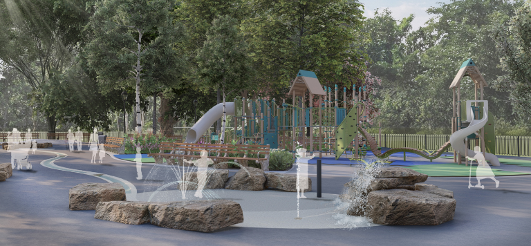 A rendering of the overhauled park, with the river now maintained.