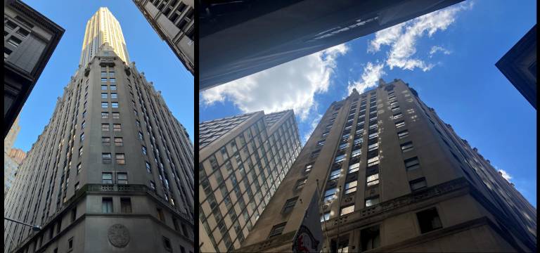 Looking up at 20 Exchange Place from the street: NW corner and East side.