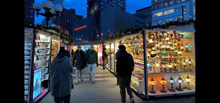 Turkish lamps light the way over the paving stones at the Union Square Holiday Market.