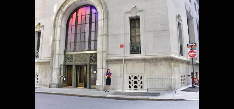 Karen Rempel matches coloring of Conwell Hall’s lofty entrance at 6 Hanover Street.