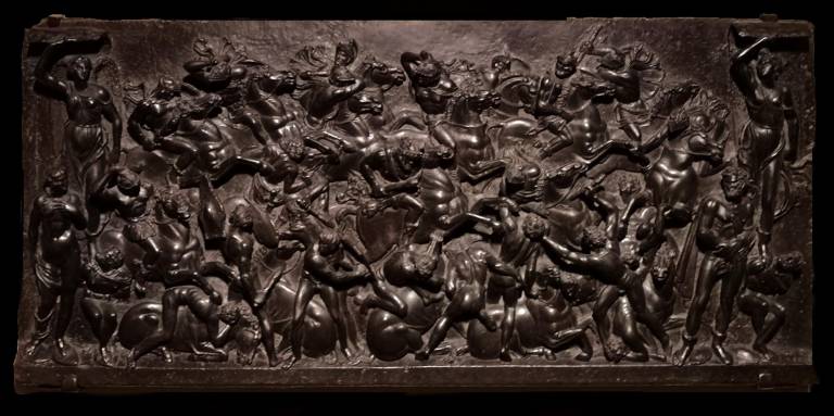 Bertoldo di Giovanni's Battle, from ca. 1480–85 opens the exhibition. It's on loan from Museo Nazionale del Bargello, Florence.