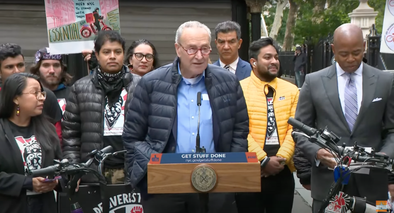 U.S. Senate Majority Leader Chuck Schumer (center) secured $1 million in funding for the program. Photo via the Mayor’s Office’s YouTube.