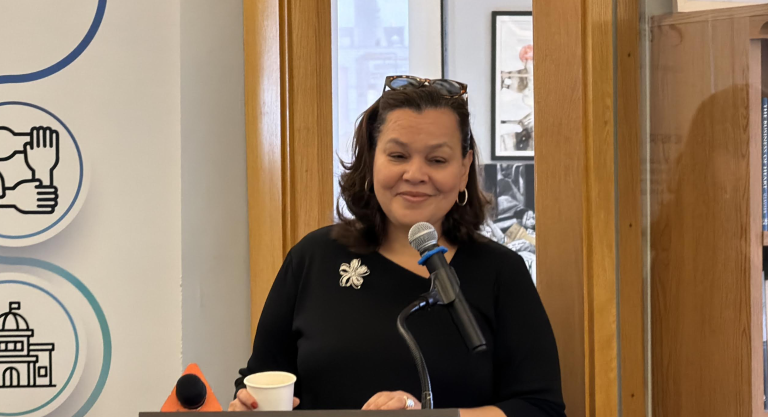 Lisette Nieves, president of the Fund for the City of New York, delivers remarks during a press conference on March 17, 2026, releasing the early findings of the “True Cost of Living” report at FCNY’s offices in Lower Manhattan.