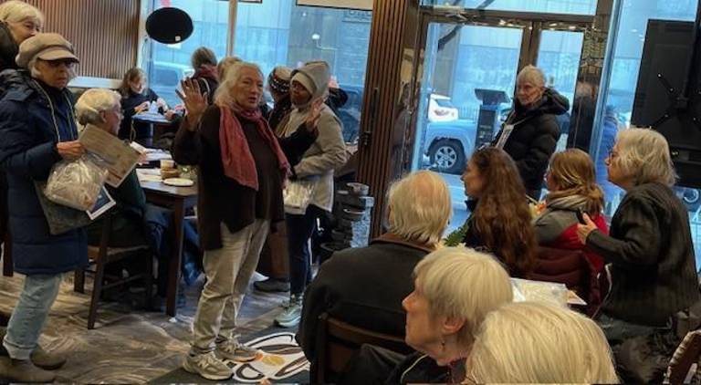 Arlene Geiger addresses fellow protesters at a Manhattan gathering.