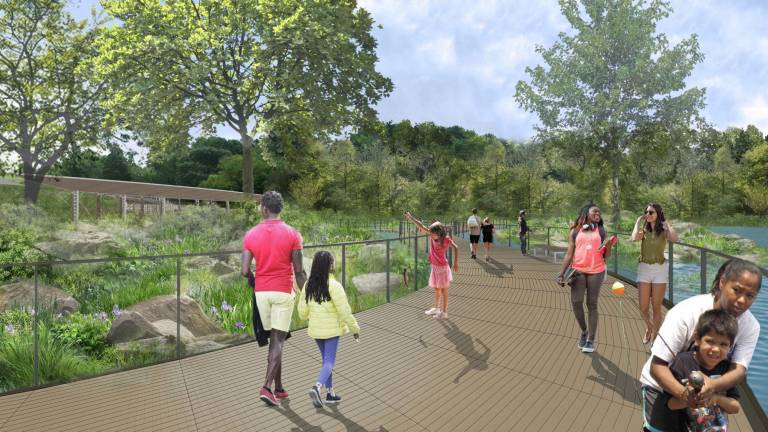 A summertime view of the boardwalk that will run along the edge of the Harlem Meer in Central Park by 2024, when a $150 million re-imagining of the north end of the park is expected to be completed.