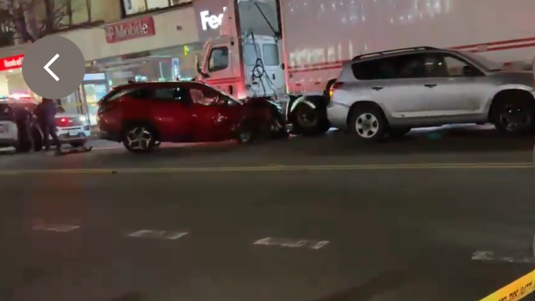 A red Hundai Tuscon SUV operated by a 49 year old male struck an unoccupied NYPD cruiser, a Lexus, a Toyota Rav 4, several pedestrians and two delivery workers, killing one of them. The driver was charged with manslaughter and driving under the influence.