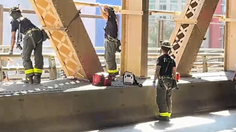 FDNY firefighters respond to a head on collision involving two bikers on the Queensboro Bridge. One victim was driving a stand up scooter, the other was driving a light weight racing bike. Both were rushed to a nearby hospital and pronounced dead.