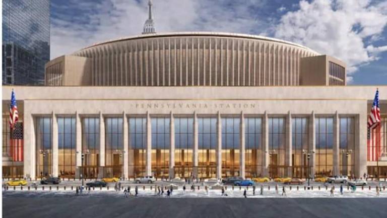 The artist rendering of the winning proposal by the Penn Transformation Partners still has Pennsylvania Station emblazoned across the entrance, but is said to have a Donald Trump presidential seal on a plaque by the American flags.