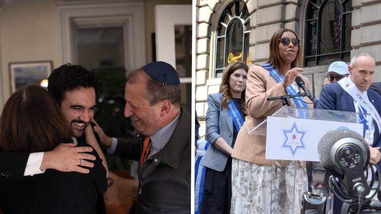 Mayor Mamdani and Brad Lander at a Sukkah hop, Sept. 29; Letitia James, Julie Menin and Mark Treyger at Israel Day Parade, May 31.