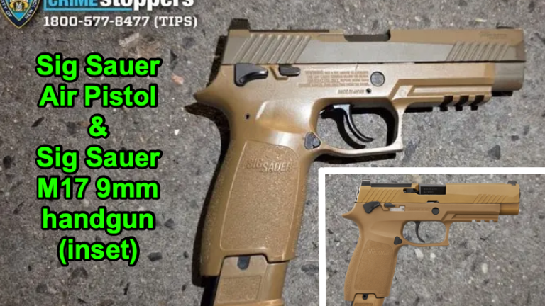 Sig Sauer Air Pistol recovered at West Village shooting scene. Inset: Sig Sauer M17 9mm handgun.
