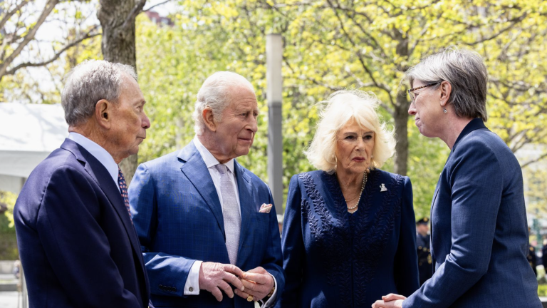 Former Mayor Michael Bloomberg stands with King Charles III and Queen Camilla