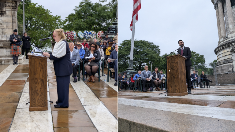 Gale Brewer and Zohran Mamdani making their Memorial Day addresses at Soldiers and Sailors Monument.