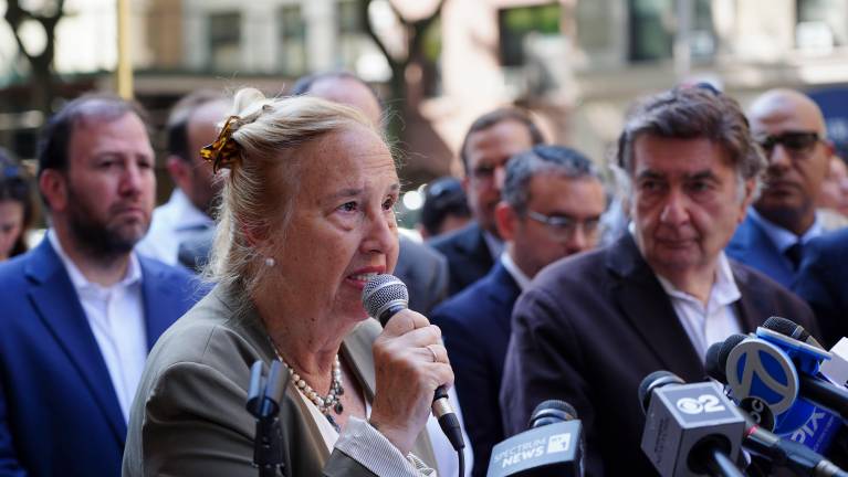 City Councilmember Gale Brewer condemned the attacks at a gathering outside The Jewish Center on July 24.