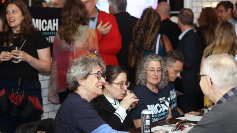 Micah Lasher’s mother, Stephanie Lasher, seated left, became a mainstay of canvassing efforts and was showered with applause at the watch party.