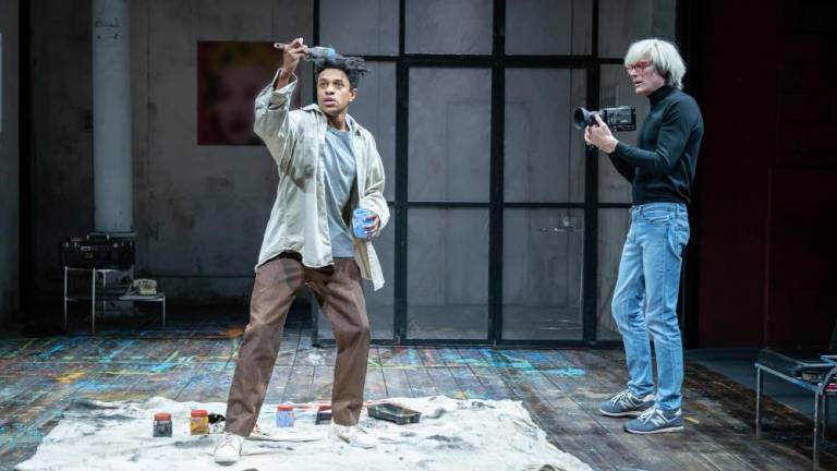 Jeremy Pope (left) and Paul Bettany (right) performing in “The Collaboration” at the Young Vic in London. Photo: Mark Brenner