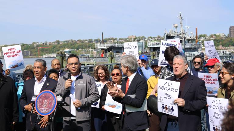 City Council Member Shaun Abreu is pushing a new ferry service from the UWS to New Jersey during the World Cup in a bid to offset the $150 train tickets being push by NJ Transit. He appears alongsid U.S. Representative Adriano Espaillat (left) and Manhattan Borough President Brad Hoylman-Sigal (right).