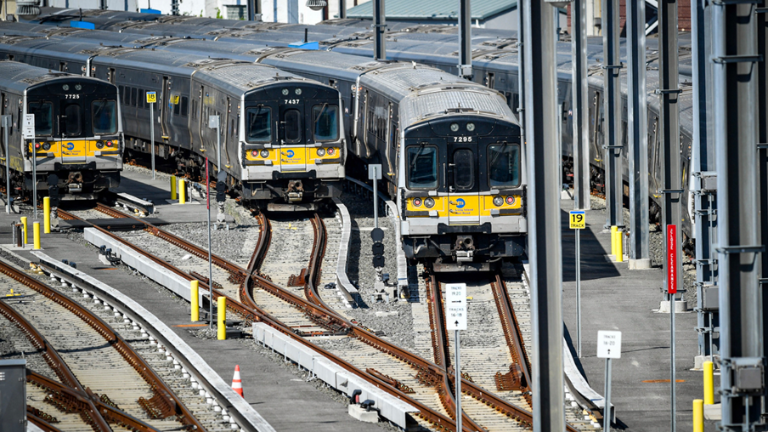 Train traffic moving through Sunnyside Yard on May 19, 2026 prior to the planned noon resumption that day of Long Island Rail Road service after a three-day strike.