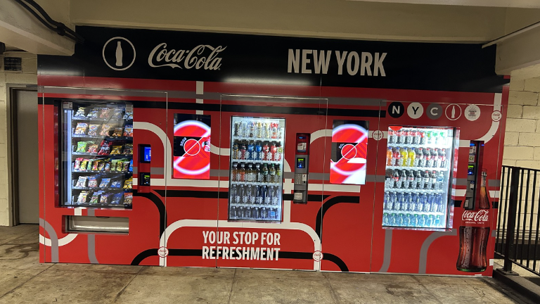 A newly-installed vending machine at the 2 Avenue (F train) subway station, one out of 26 total planned vending machines selling beverages and snacks to be introduced by MTA across the city.