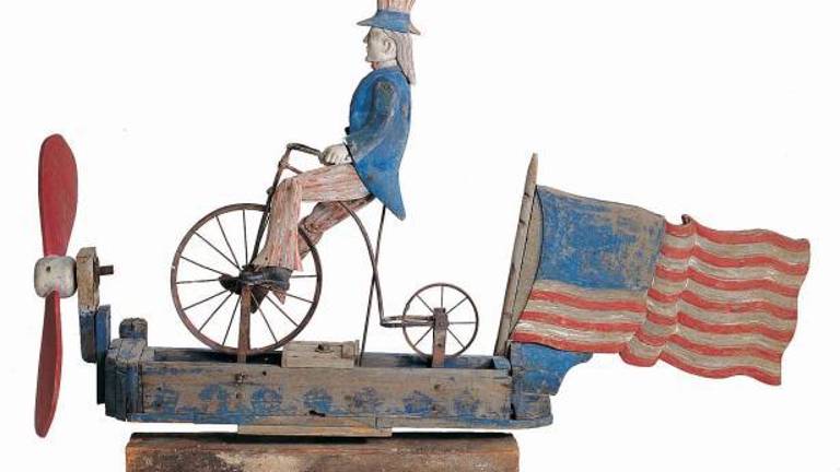 Uncle Sam Riding a Bicycle Whirligig, Probably New York State, 1880–1920, Paint on wood with metal, 37 x 55 1/2 x 11 in., Gift of Dorothea and Leo Rabkin.