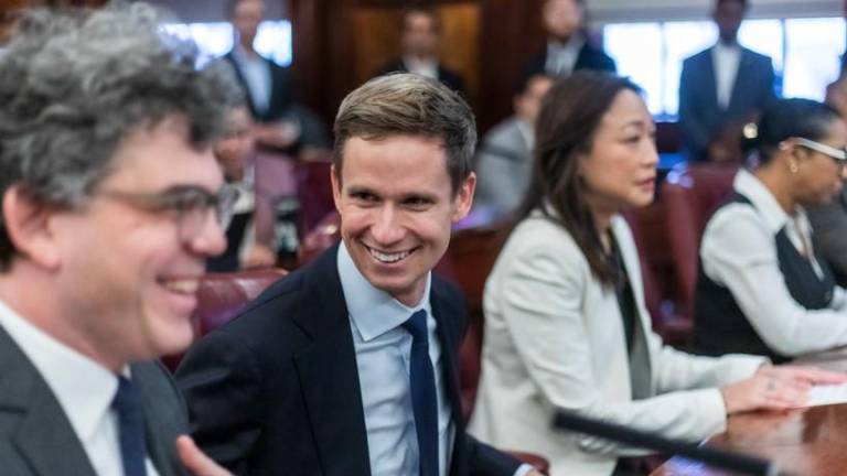 Eric Bottcher (center) at the swearing in ceremony of Julie Menin as speaker of the City Council on Jan. 8, may not be long for the chamber. He was given the Democratic line in the special election for the West Side New York State Senate seat recently vacated when Brad Hoylman-Sigal became borough president.