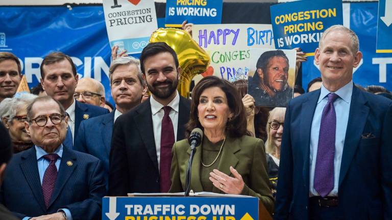 Governor Kathy Hochul, Mayor Zohran Mamdani, and MTA Chair &amp; CEO Janno Lieber attend a rally at McBurney YMCA on West 14th St. on January 5, 2026, to commemorate the one year anniversary of the implementation of Congestion Pricing.