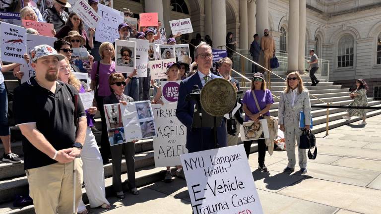 Attorney Jim Walden, chairman of NYC Common Sense, announces a lawsuit challenging Mayor Zohran Mamdani’s e-bike enforcement policy outside City Hall on June 25.