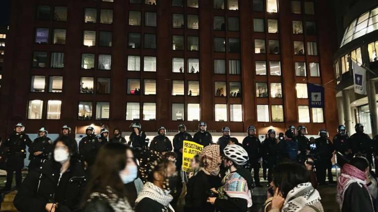 NYPD in riot gear clear Gould Plaza at NYU and arrest protestors