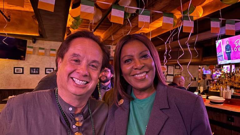 George Conway, one of the ten Democratic candidates vying to succeed Jerry Nadler in the 12 Congressional district, was seen chatting with New York State Attorney General Letia James on March 17 at the pre-parade Lexington Democratic Club. Rival Assemblyman Alex Bores was also at the pre-parade gathering.