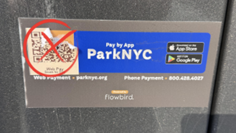Pictured is a QR code sticker partially removed from a ParkNYC meter. The NYC DOT has urged drivers not to scan QR codes and to report any suspicious stickers.