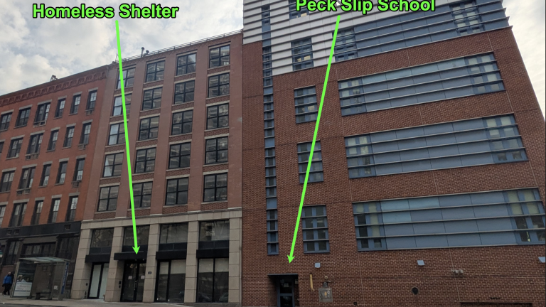 320 Pearl St. homeless shelter and Peck Slip School, Feb. 15, 2026.