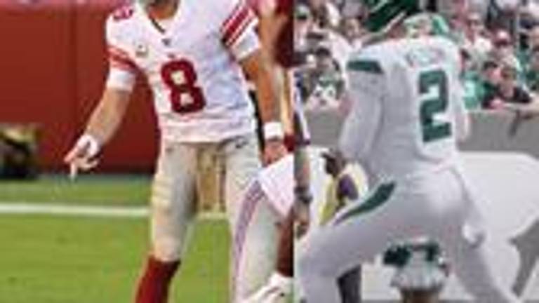 Giants QB Daniel Jones (left) engineered a dramatic come from behind victory in Week 2 while Jets QB Zach Wilson tossed three interceptions in the fourth quarter. Photos: Wikimedia Commons
