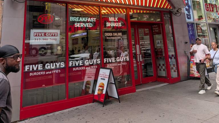 Six men have been indicted for violent mayhem at this West 42nd Street Five Guys on June 10 after Game 4 of the June 10 Knicks-Spurs NBA Championship.