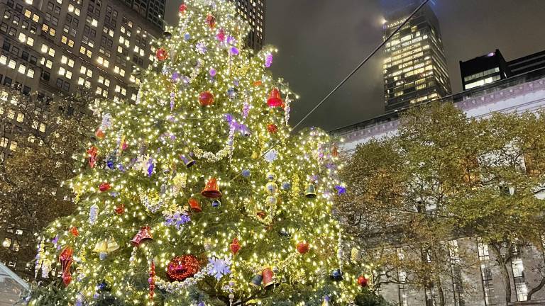 Bryant Park lit up its tree on Dec. 2, adding to holiday attractions that includes a European-style outdoor shopping market, a free ice skating rink and a lounge for food and drinks.