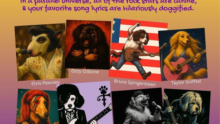 “My Magnus Opus,” says the author. The book presents famous musicians as dogs and parodies their well-known songs from a canine point of view. “I really tried hard to keep the humor elevated.”  