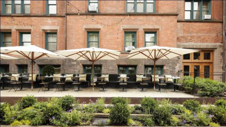 The terrace of the High Line Hotel, a luxury hotel which sits only steps away from an entrance to The High Line, the famed elevated park on Tenth Avenue.