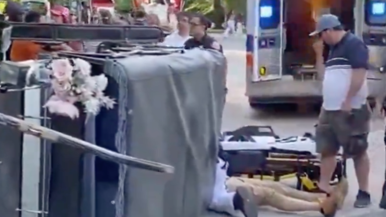 A spooked carriage horse flipped over another carriage near Central Park on Monday, May 18, hospitalizing the driver.