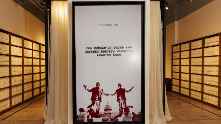 The Donald J. Trump and Jeffrey Epstein Memorial Reading Room pop-up opened in a Tribeca gallery on May 8.