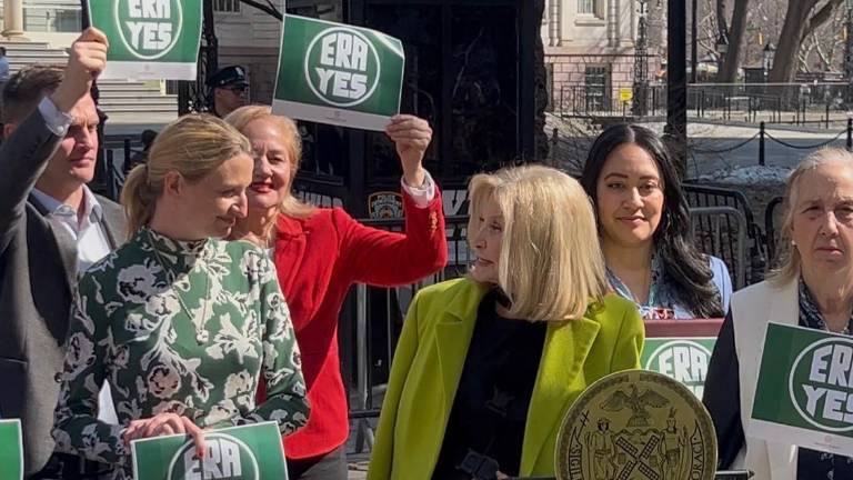 Council Member Virginia Maloney (left) was joined by her mother, former U.S. Congresswoman Carolyn Maloney (center), and UWS council member Gale Brewer (right) at a March 10 rally calling for the federal enshrinement of the Equal Rights Amendment.