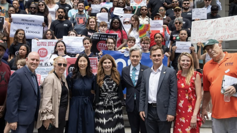 Julie Menin alongside other speakers at the rally that included Shaun Abreu, Harvey Epstein, Gale Brewer, Grace Lee, Brad Hoylman-Sigal, Carl Wilson, and Virginia Maloney.